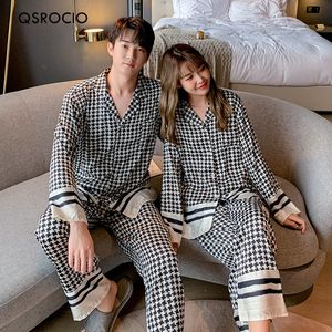 Womens Sleepwear QSROCIO Silk Like Houndstooth Pajamas Set Fashion Style Female Couple Home Clothes for Men Nightwear Pyjama 230227