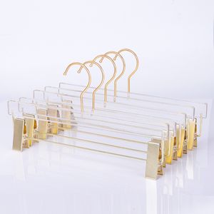 Kleiderbügel Racks Hohe Qualität 5/10 stücke Acryl Hosen Rack Hosen Rock Organizer Transparent Kleiderbügel Gold Haken Starke Clip Wäscheständer 230227