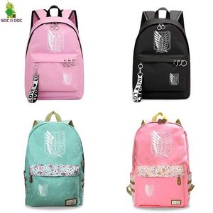 Attack on Titan Black Bagpacks Floral Printing Backpacks Travel Backack Anime School Bag voor tienermeisjes laptop Mochilas Y0304G