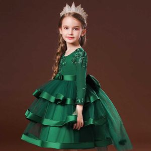 Vestidos da menina europeu manga longa meninas vestido de casamento vermelho e verde cor flor crianças princesa vestidos tule saias pluffy de 2 a 7 anos