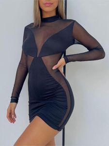 Sukienki swobodne długie rękawy Patchwork Mesh Sexy Bodycon Black Mini Dress Women Party Birthday Club Stroje 2023 Spring Autumn Ubrania