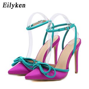 Kleidschuhe Eilyken Seide ButterflyKnot Frauen Pumps Sexy Spitzschuh Knöchel Schnalle Riemen Dünne High Heels Weibliche Schuhe Lila Designer SandalenL230227