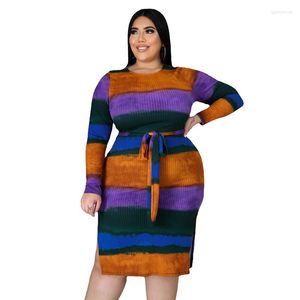 Casual Dresses Plus Size Dress for Women Spring Clothes 2201 Super Stretchy spetsar Up Slip Hem randig Knit Midi Wholesale Drop