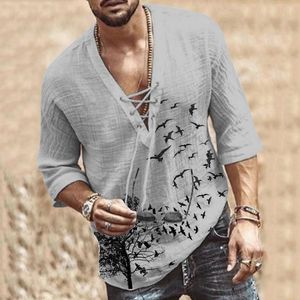 Men's Casual Shirts Men'S Hollow Out Linen Oversized Shirt Summer Male Sexy Deep V Neck Bandage Men Clothing Solid Color Chemise 230227