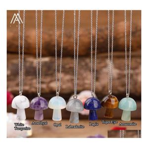 car dvr Pendant Necklaces Natural Stone Carving Mushroom Shape Reiki Healing Crystal Tiger Eye Rose Quartz Amethyst Agate Aventurines Neckla Dh8Rk