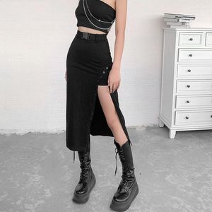 Skirts Women Gothic Side Split Buckle Belt Skirt Solid Color High Waist Bodycon Pencil Electronic Girl 90s Vintage Streetwear