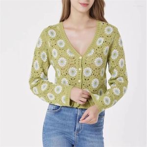 Women's Knits H9ED Women Crochet Geometric Floral Pattern Sweater Long Sleeve Button Up Hollow Out Knit Autumn Cropped Cardigan