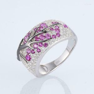 Wedding Rings Plated Silver Color Engagement Anniversary Plum Branch Ring Party Jewelry Gift Women Men Size 5-11