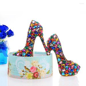 Dress Shoes Multicolor Crystal Womens Wedding Real Leather Bride High Heels Party Pumps Fashion Platform