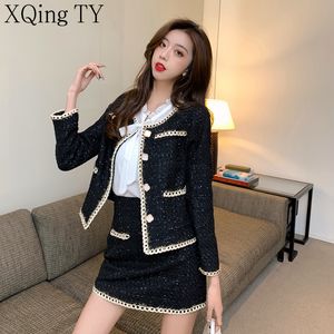 Two Piece Dress Tweed Two Piece Set Fall Winter Woolen Black Single Breasted Jacket Crop Top High Waist Skirt Outfits 3 Piece With Shirt 230225