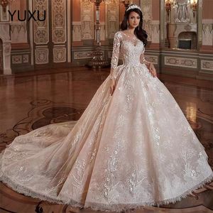 Bescheidene lange Ärmel A-Linie Brautkleider arabische Spitze appliziert Sweep Zug Plus Size Hochzeit Braut Kleid Luxus Vestido de Novia