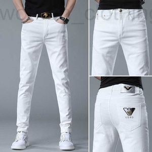 Men's Jeans Designer Spring and summer white denim pants men's casual embroidery hot drill elastic middle waist Slim Skinny Men 9KVE