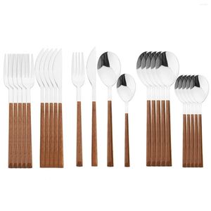 Dinnerware Sets 16/24Pcs Imitation Wood Handle Stainless Steel Tableware Set Knife Fork Spoon Western Cutlery Kitchen Flatware