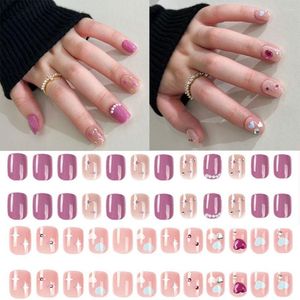 False Nails 24pcs Nail Tips Manicure Love Diamond Detachable Short Square Pearl Fake