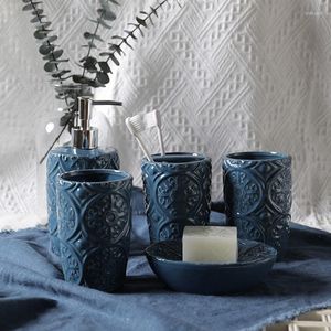 Badtillbehör Set Blue Relief Craft Badrumstillbehör Ceramic Nordic Modern snidad femdeltandborste Cup Dusch Home Decor