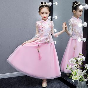 Ubranie etniczne Pink koronkowe dzieci księżniczka cheongsam długie rękawy Qipao kwiat dziewczyny sukienki na imprezę chińskiego roku tradycyjny qi pao