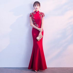 Ethnic Clothing Chinese Traditional Wedding Bride Toast Dress Stand-up Collar Slim Long Fishtail Evening Women