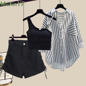 Kvinnor Tvåbitar byxor Summer Womens Clothing Set 2023 Korean Lady Casual Loose Stripe Shirt Black Vest Denim Short Pants Outfits Student Streetwear 230227