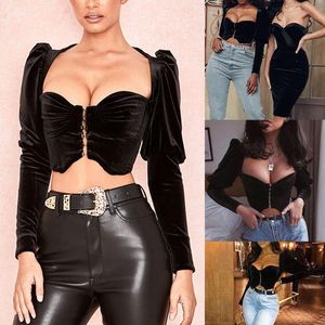 Magliette da donna Donna Aderente sexy Manica lunga a palloncino Velluto Crop Top Collo quadrato Monopetto Corsetto nero retrò Clubwear