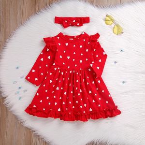 Mädchen Kleider Mode Kleinkind Kleinkind Baby Mädchen Langarm Valentinstag Herzen Druck Rüschen Prinzessin Party Kleid Stirnbänder