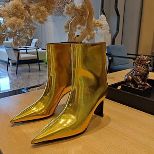 Bot kadınlar yüksek topuklu altın gümüş kayma ayak bileği patikleri bayanlar lüks ayakkabı tasarımcısı kısa boot moda gladyatör pompalar 230227