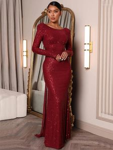 Casual Dresses 2023 Spring Luxury Evening For Women Wine Red Sequins O-neck Backless Long Sleeve Bodycon Slit Formal Party Robe