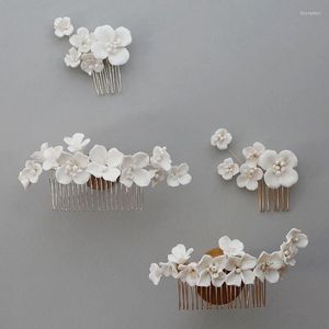 Hair Clips Porcelain Flower Comb Pin Women Head Pieces For Brides Bridesmaids Gold Color Hairpin Wedding Accessories Bridal Jewelry