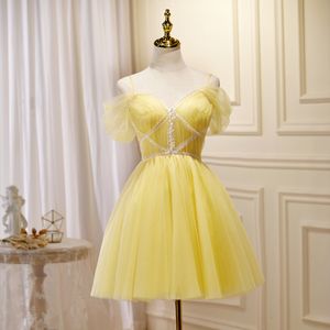 Prom Dress Short Yellow Lovely Party Dresses Soft tulle with Ivory Lace Sequins Summer Style Cockatil Gowns