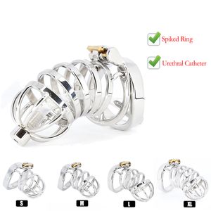 Cockrings CBT Male Chastity Belt Device Stainless Steel Cock Cage Penis Ring Lock with Urethral Catheter Spiked Sex Toys For Men 230227