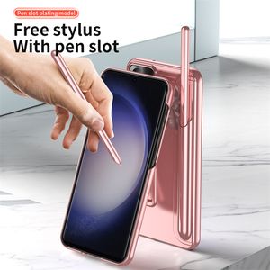 Eletroplated Texture Stand Phone Case for Samsung Galaxy S23 Ultra S23Plus Hidden Bracket Design Cover with Pen Stylus