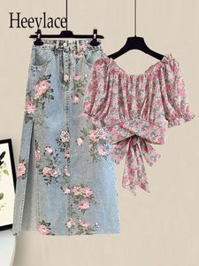 Two Piece Dress Women Summer Sweet Pink Print Skirts Two Pieces Set Korean Puff Sleeve Bandage Floral Top And Side Split Retro Denim Skirts Sets 230225