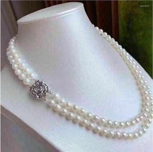 Łańcuchy podwójne pasmo 7-8 mm Naturalny naszyjnik Akoya White Pearl 18 cal 925s