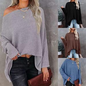 Kadın Tişörtleri 066C Kadınlar Düşük Sweater Düz Renk Batwing Uzun Kollu Bir Omuz Triko Yan Yarık Günlük kazak Tunik