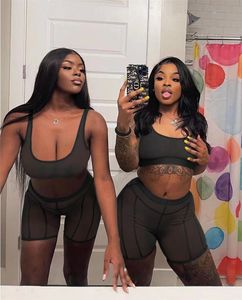 Ny 2024 Designer Summer Tracksuits Women Mesh Outfits Two 2 Piece Set Sexig Tank Crop Top and Shorts Sweatswits Sportkläder Se genom kläder Partihandel PROCTIONS 9351