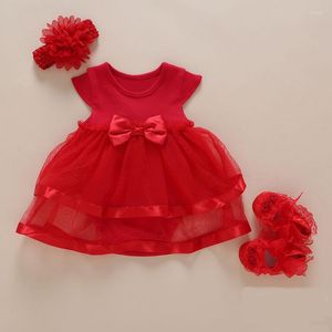 Mädchenkleider geboren 2023 Babykleid Sommer weiße Bogenkleidung mit Rompers Schuhen Stirnband 3pcs Set Mode Jumpsuit 1 2 Jahre