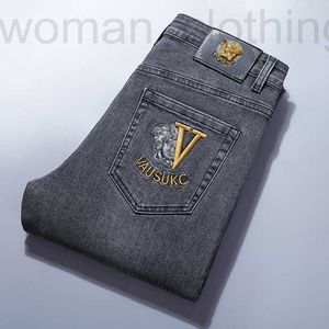 Men's Jeans Designer 2022 spring and summer new jeans smoke gray fashion brand embroidery men's elastic slim fit straight pants ZF9Q