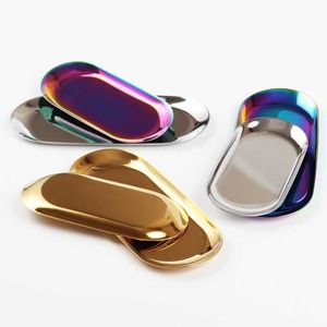 Decorative Plates 10pcs Stainless Steel Simple Style Golden Oval Plate Jewelry Tray Fruit Bread Dessert Plate Metal Desktop Storage Tray Z0227