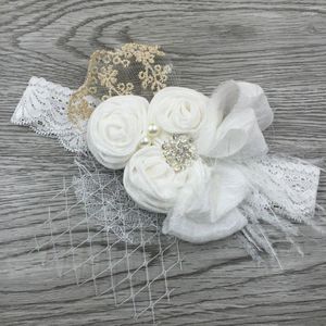 Haarschmuck F19F Baby Mädchen Spitze Stirnband mit Satin Blume Strass Feder Prinzessin PO Prop