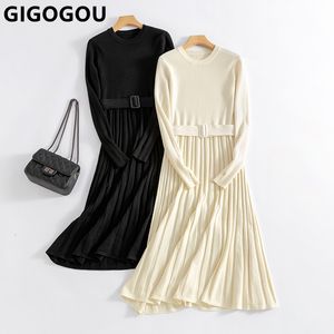 Casual Dresses GIGOGOU Chic Long Knit Women Maxi Sweater Dress O Neck Winter Thick Warm A Line Dresses with Belt Woman Pleated Midi Dress 230227