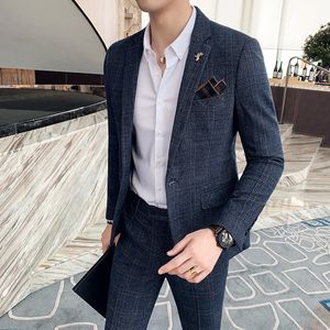 Мужские костюмы Blazers 7xl Jacketpants Мужчины костюмы для 2 кусок клетчатых костюмов мужчина бренд Slim Fit Swed Dress Костюм для корейского бизнеса Blazers 230227