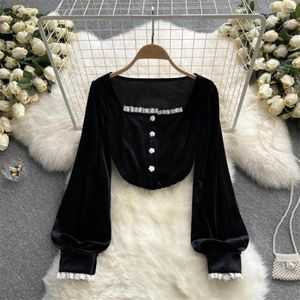 Женские блузки французский стиль кружевной блуз Vintage Black Velvet Tops Tops Женские рукавы для фонаря