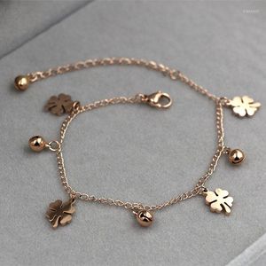 Tornozeleiras moda de aço inoxidável Flor tornozelo Bracelet Rose Gold Color Love Love Bell Charm Chain Chain Woman Gift