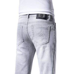 Herr jeans vår sommar tunt smal fit europeisk amerikansk avancerade märke små raka dubbla f byxor q9540-3