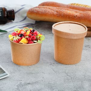 Kraft Paper Cups Soup Bowls Containrar Glass Kraft Mat engångsdessertkopp med lock