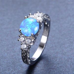 Wedding Rings Trendy Crystal Engagement Thin Ring Female White Blue Opal Round Stone Vintage Silver Color For Women Jewelry