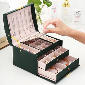 Jewelry Boxes Multi-functional Three-layer Leather Drawer-style Jewelry Box Earrings Lock Jewelry Box 230227