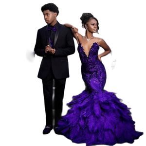 Fantastisk Purple Feather Prom -klänningar 2023 paljetter Mermaid Graduation Gown Tiere Bottom Black Girls Party Dress for Special OCNS 326 326