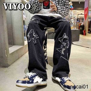 Męskie dżinsy Vintage damskie męskie koreańskie spodnie dżinsowe Y2K Cltohes Streetwear drukowane Patchwork Ma workowate dżinsy proste spodnie dla mężczyzn 0911H