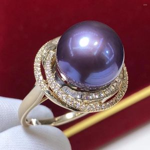 Ringos de cluster D323 anel de pérola jóias finas sólidas 14k ouro natural 12-13mm Pérolas roxas de água doce para mulheres