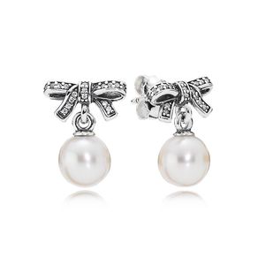 Pearl Pendant Sparkling Bow Stud Earring för Pandora 925 Sterling Silver Wedding Party Jewelry for Women Girl Girl Gift Designer örhängen med originallådan